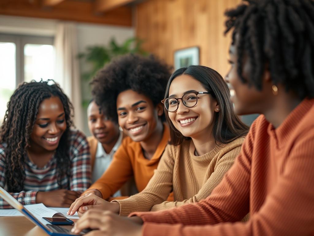 A close-up shot of a group of diverse individuals engaged in a life skills workshop, showcasing a supportive and collaborative environment. The background should be soft and blurred, emphasizing the people and their interactions while using warm, welcoming colors in the composition.