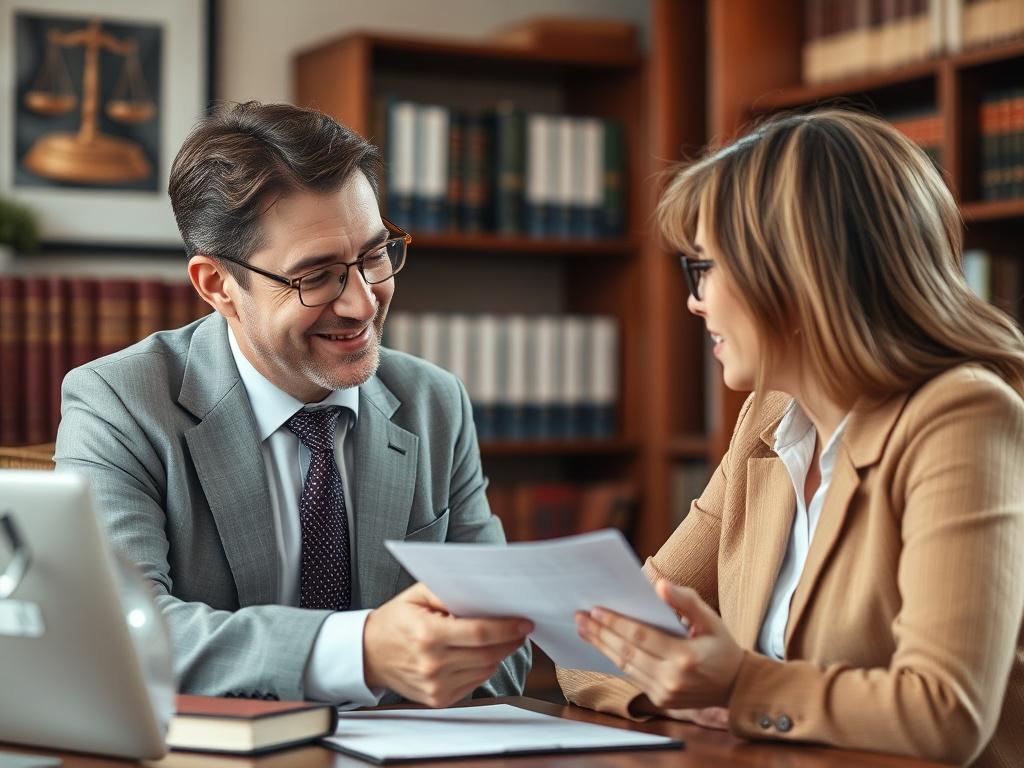 A close-up shot of a compassionate lawyer discussing legal documents with a client in a warm, inviting office. The focus should be on their interaction, reflecting trust and support, with a subtle background of legal books and a comforting ambiance.