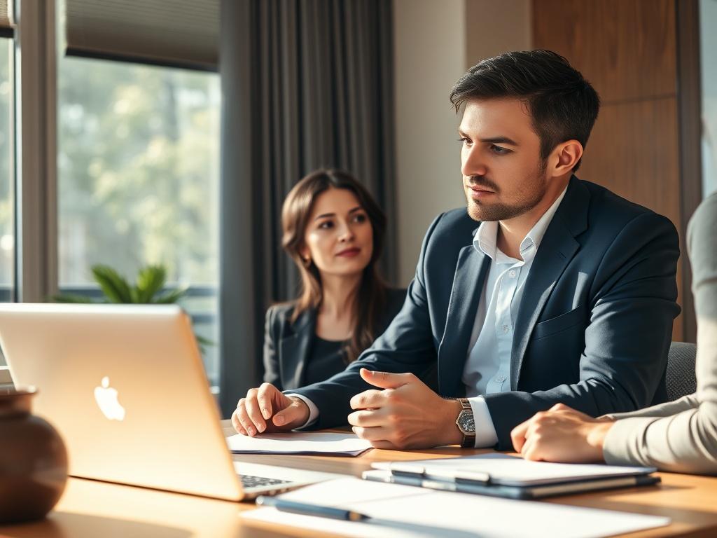 A close-up shot of an attorney consulting with a client in a quiet office setting. The attorney, a young man in a professional suit, is attentively listening as the client, a woman in her 30s, discusses her legal concerns. The atmosphere is calm and focused, with legal documents and a laptop on the table. Natural light filters through the window, creating a warm and inviting environment that emphasizes the supportive relationship between the attorney and client.
