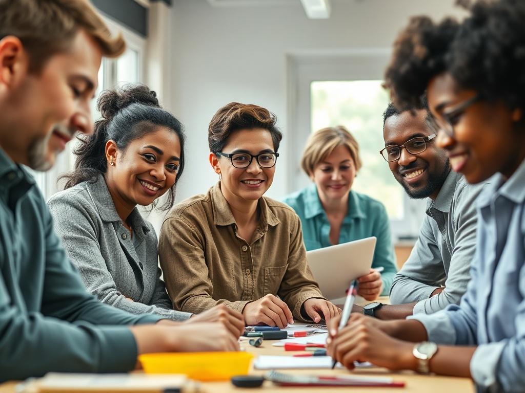 A close-up shot of a diverse group of adults participating in a job training workshop. The setting is bright and inviting, showcasing individuals actively engaged in learning with tools and materials spread out in front of them. The background features a window with natural light streaming in, emphasizing a positive and supportive atmosphere. The focus should be on the participants' expressions of determination and enthusiasm, captured in high-resolution detail.