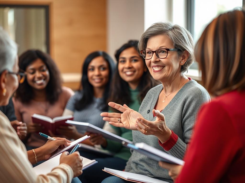 A hyper-realistic close-up image of a facilitator leading a life skills workshop. The scene features a diverse group of participants engaged in discussion, with notebooks and pens in hand. The facilitator, a middle-aged woman, displays an encouraging smile as she gestures to emphasize a point. The setting is a well-lit room with a warm atmosphere, highlighting the supportive nature of the workshop. Focus on the expressions of engagement and interest on the participants' faces.