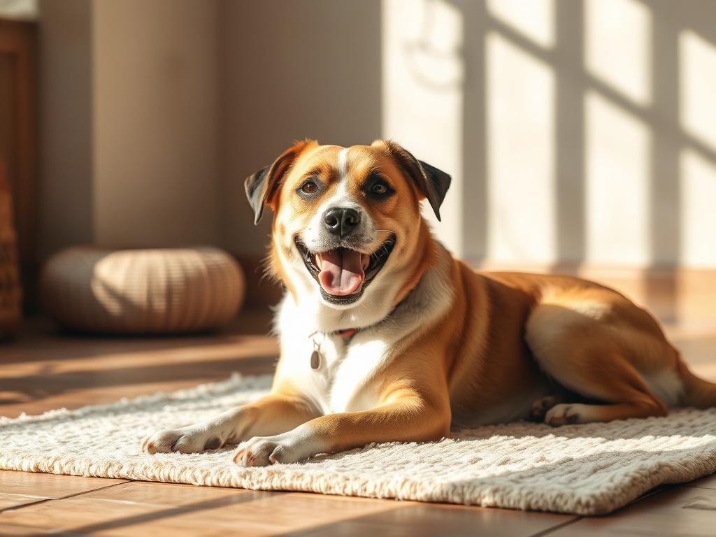 A serene scene featuring a happy dog lying on a