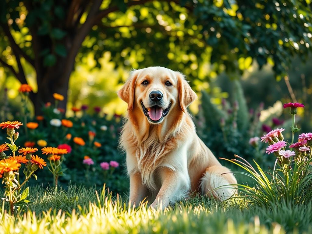 Create a realistic high-resolution photo capturing the essence of the blog titled "The Benefits of CBD for Pets." The image should focus on a single, healthy and happy dog, ideally a golden retriever or a similar breed, sitting comfortably in a lush green garden. The dog's fur should be glossy and well-groomed, reflecting vitality and well-being.

The dog should be the central subject, looking directly at the camera with a joyful expression that conveys trust and comfort, symbolizing the positive effects of