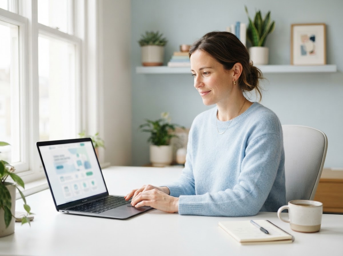 A person using a laptop at home to access an online healthcare service