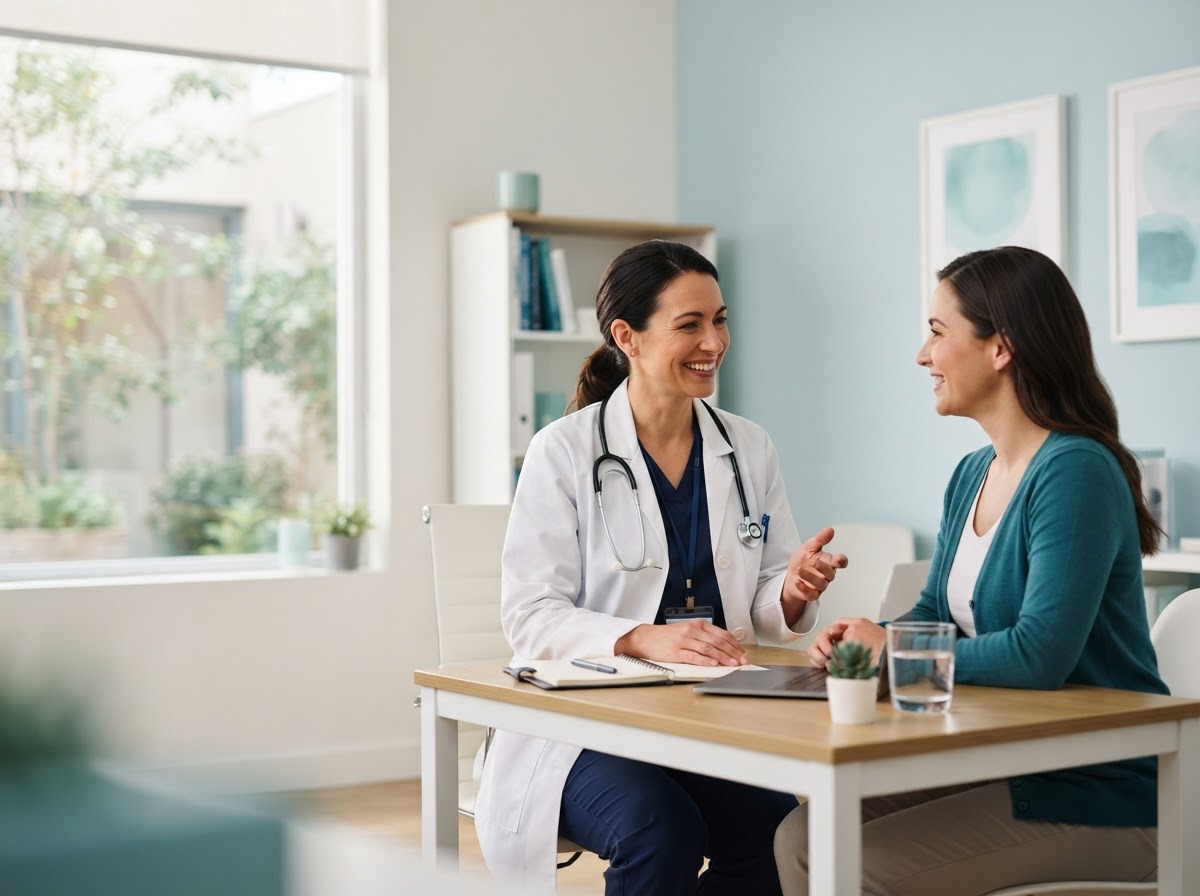 A doctor speaking with a patient during a calm clinic consultation
