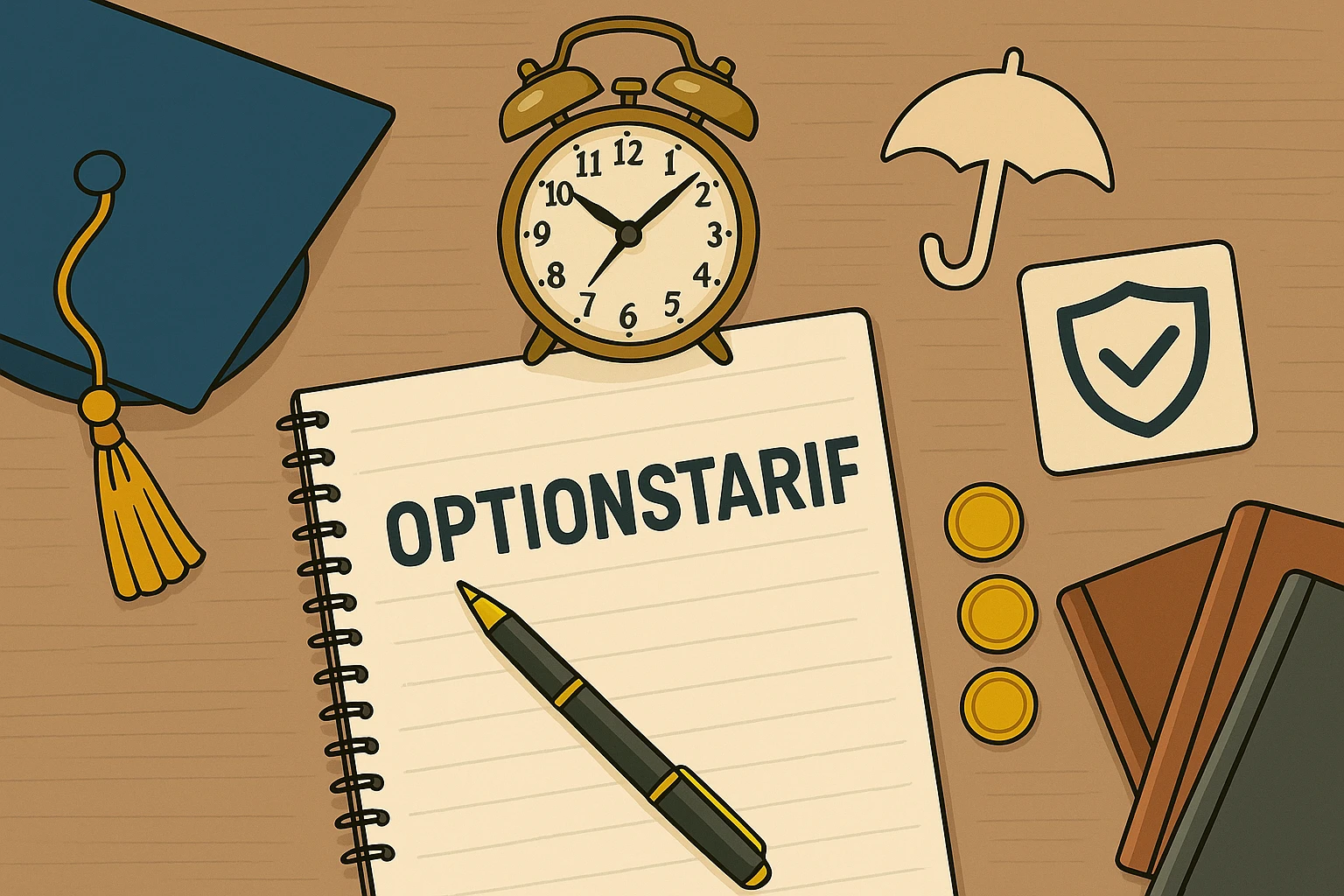 Notiz mit ‚Optionstarif‘, Wecker und Regenschirm – Absicherung für Beamte im Studium vorbereiten