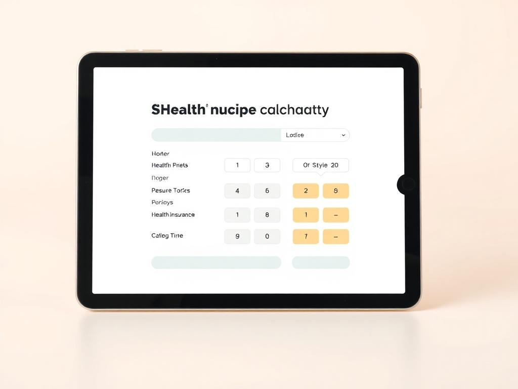 A simple and clear image of a digital tablet displaying a user-friendly interface of a health insurance calculator. The background should be a soft, neutral color to emphasize the tablet.