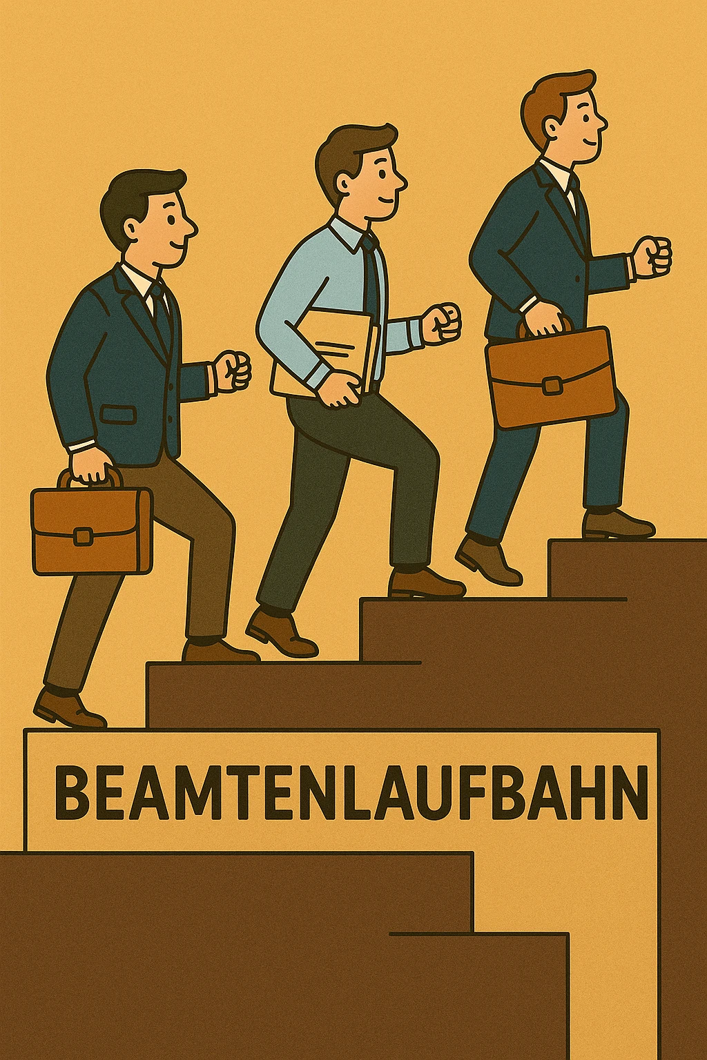 Männer auf Karrieretreppe mit Schild ‚Beamtenlaufbahn‘ – Einstieg in den öffentlichen Dienst