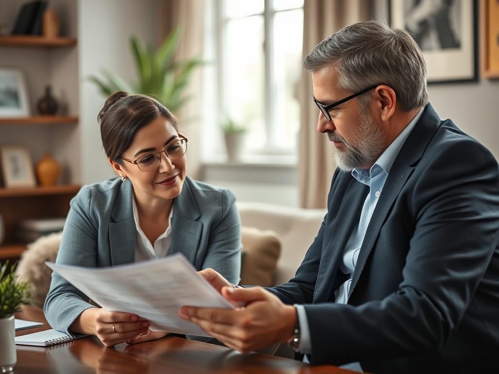 A close-up shot of a consultant and a client engaged in discussion over a document regarding private health insurance. The setting should be professional, with a warm and inviting atmosphere. Natural light should illuminate the scene, and the primary color rgb(50, 170, 39) should be incorporated into the décor or materials present.