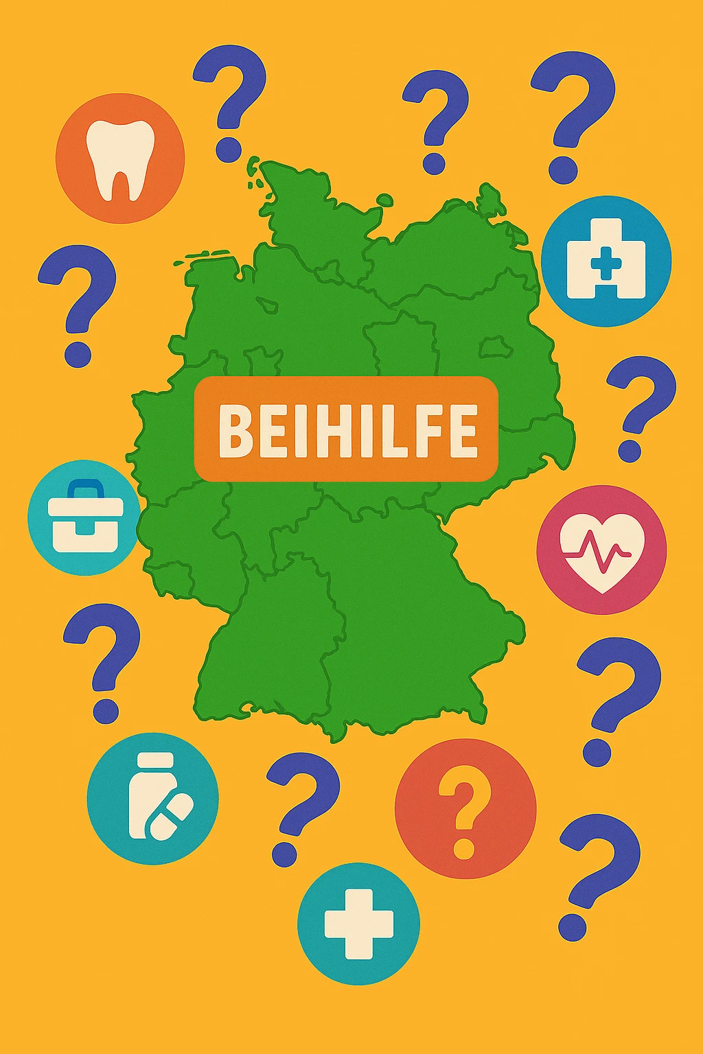 Deutschlandkarte mit Symbolen – Beihilfe-Leistungen für Beamtenanwärter je nach Bundesland erklärt