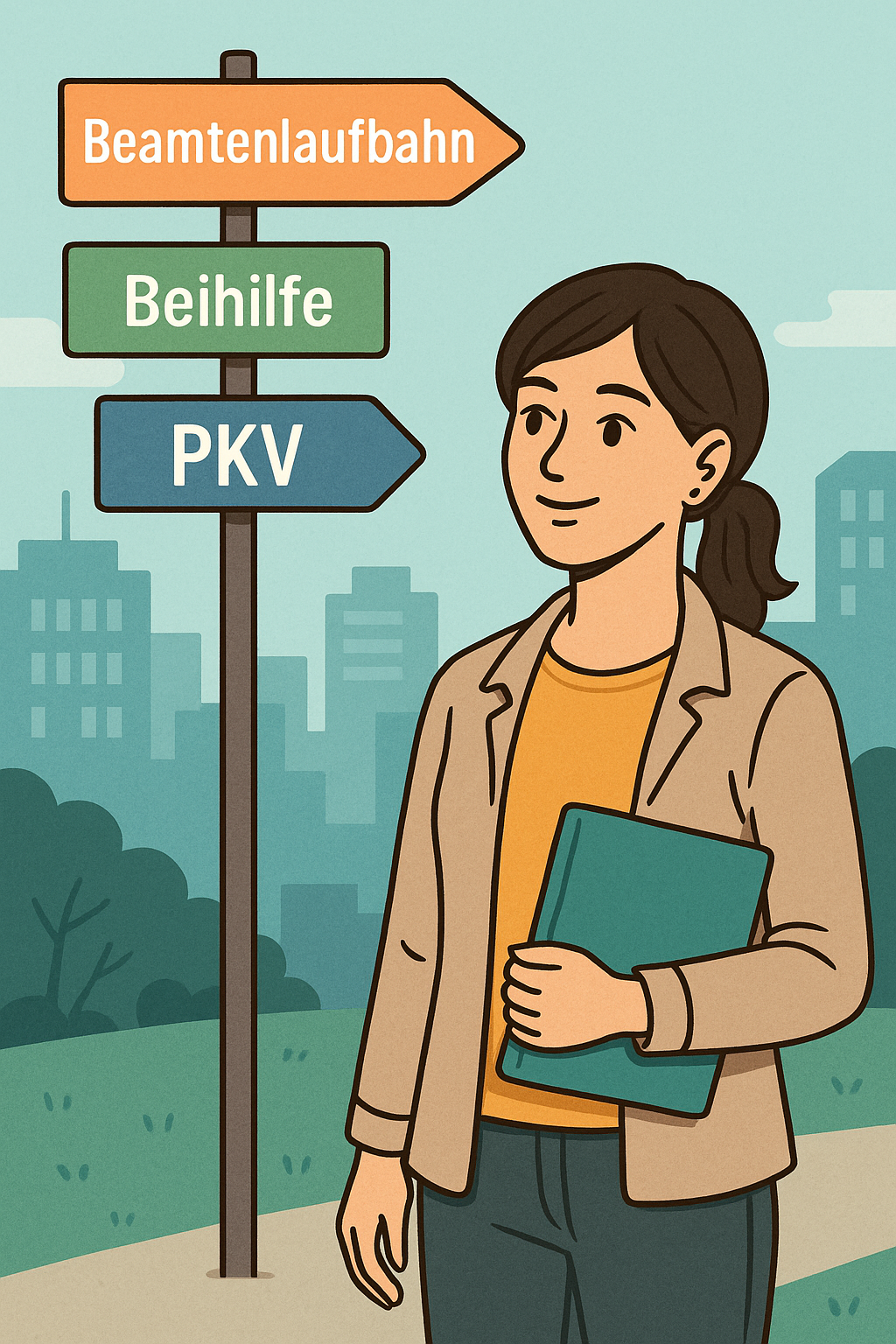 Illustration einer jungen Frau vor einem Wegweiser mit den Begriffen Beamtenlaufbahn, Beihilfe und PKV in einer Stadt – Symbol für den Start in die Beamtenlaufbahn.
