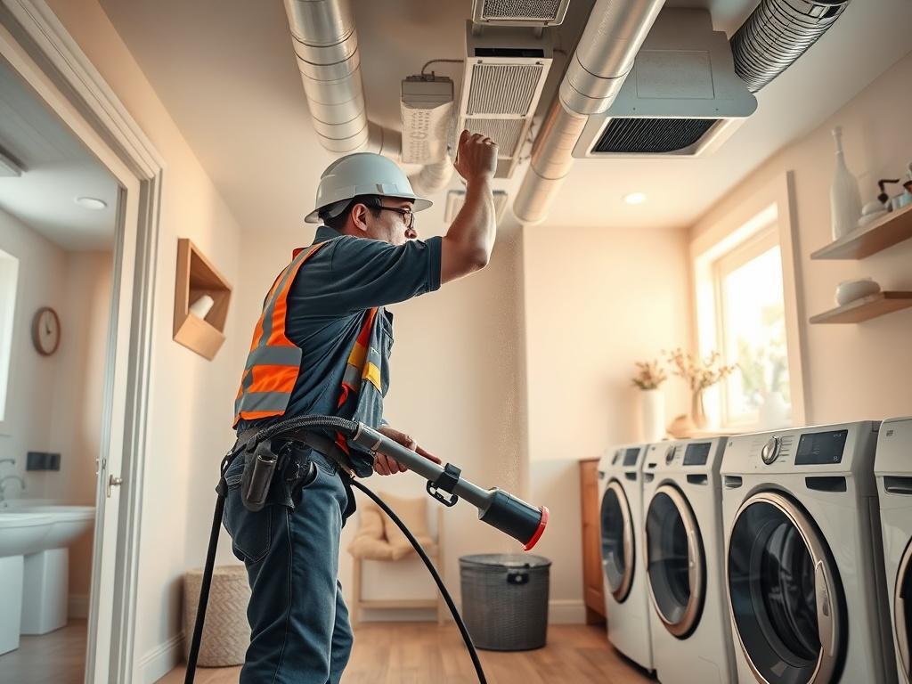 A realistic high-resolution photo of a technician professionally cleaning air ducts in a modern home. The technician is wearing safety gear and using specialized equipment to remove dust and debris from the ducts. The background features a clean, well-lit laundry room with warm golden and amber tones, emphasizing the safety and professionalism of the service.