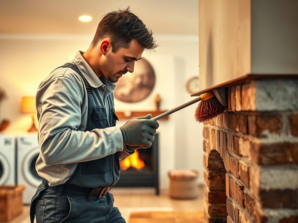 A professional technician cleaning a chimney with a long brush, focused on removing soot and creosote. The background features a cozy living room with a fireplace and warm, inviting decor. The lighting is bright and showcases the cleanliness of the chimney and the technician's meticulous work. The image should reflect a safe and professional atmosphere, with warm golden and amber tones to emphasize safety.