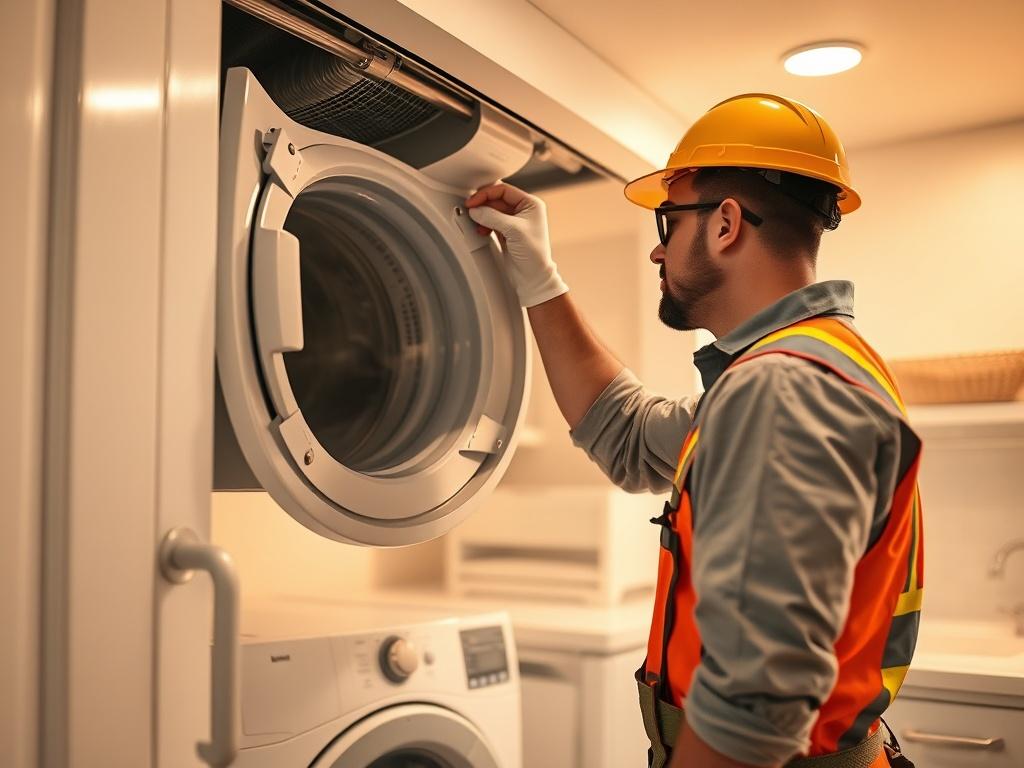 A professional technician at work, cleaning a dryer vent in