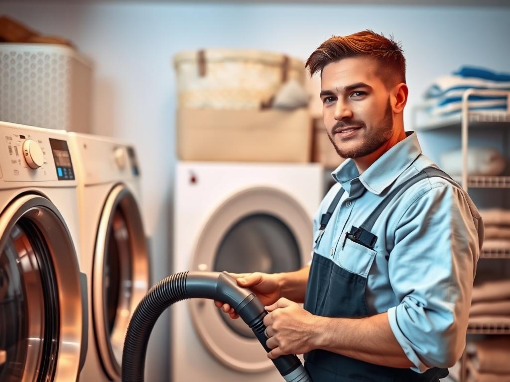 A professional technician in a modern laundry room, using a