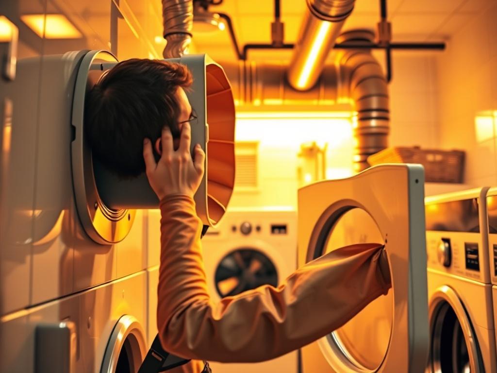 A technician inspecting a dryer vent in a clean laundry