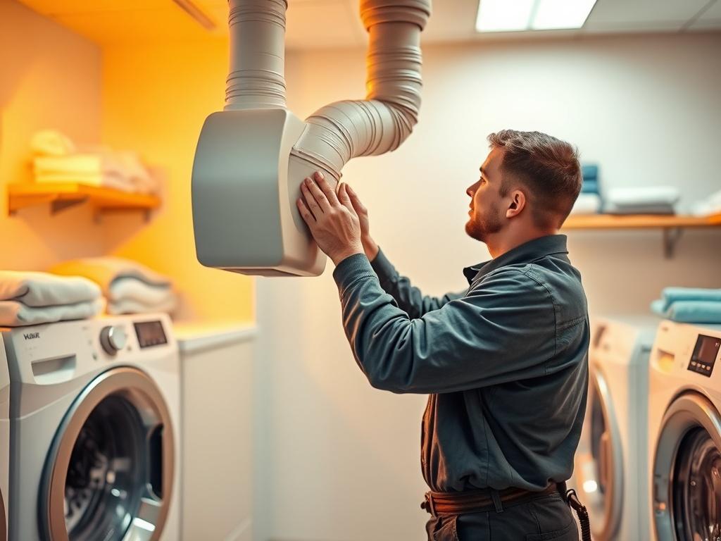 A technician replacing a damaged dryer vent in a bright,