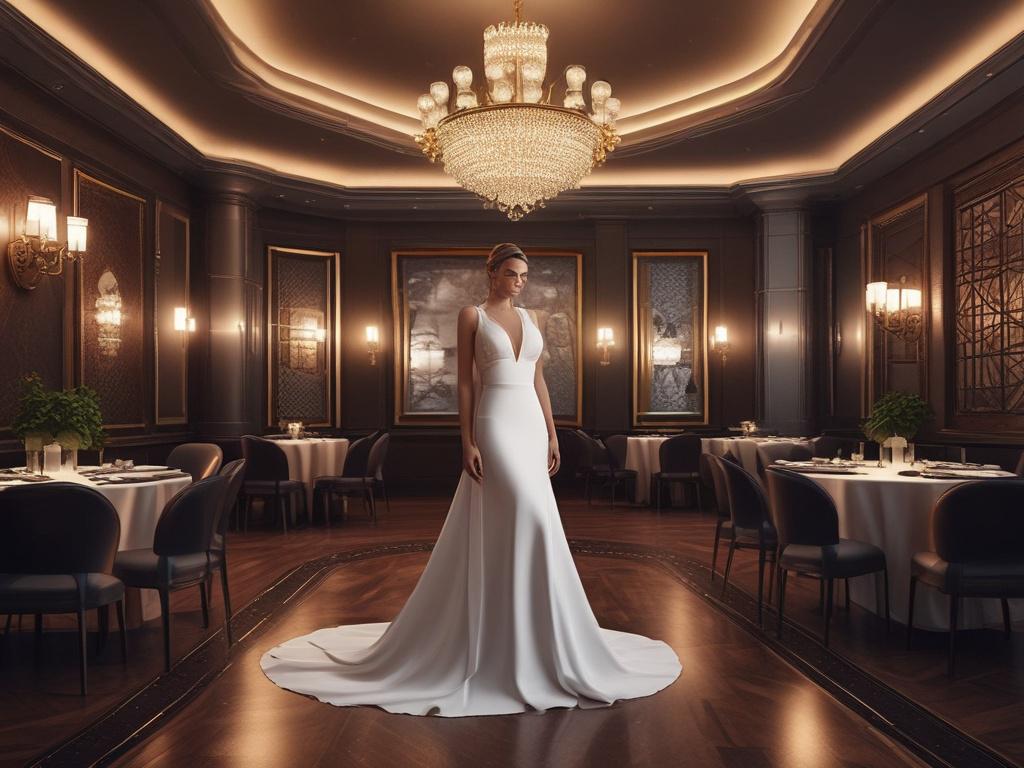 A stunning ramp model in an elegant evening gown, gracefully