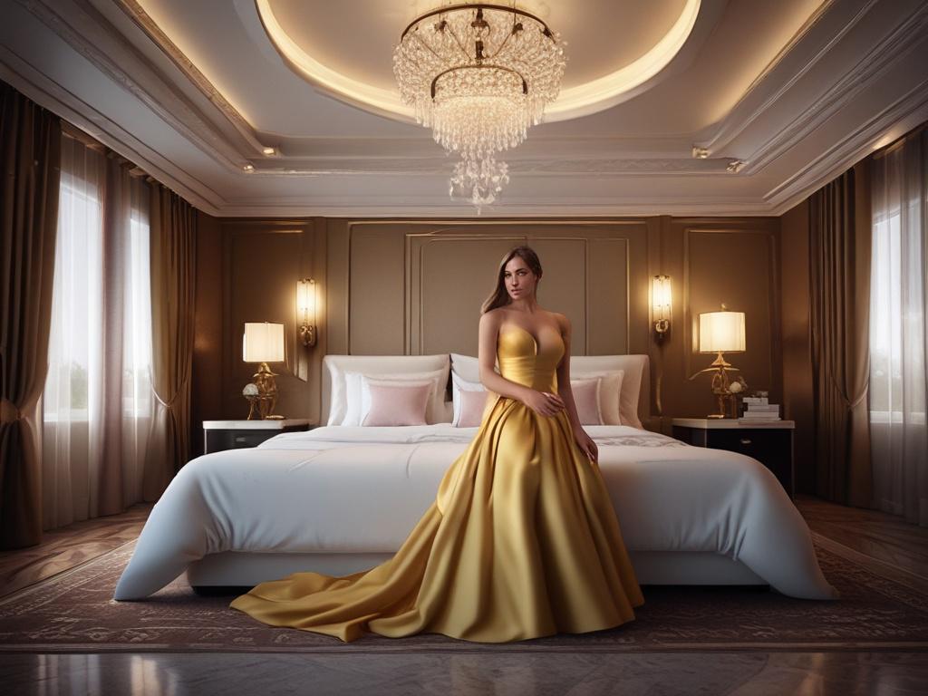 A beautiful, sophisticated escort in an elegant evening gown, standing