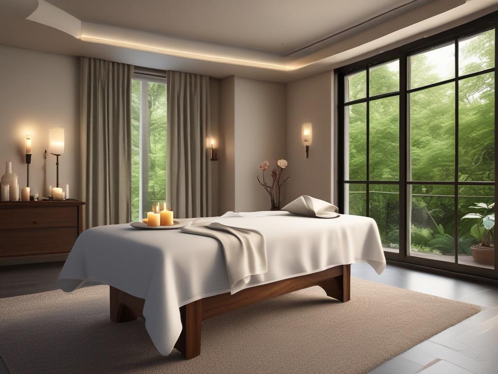 A serene setting featuring a luxurious massage table adorned with