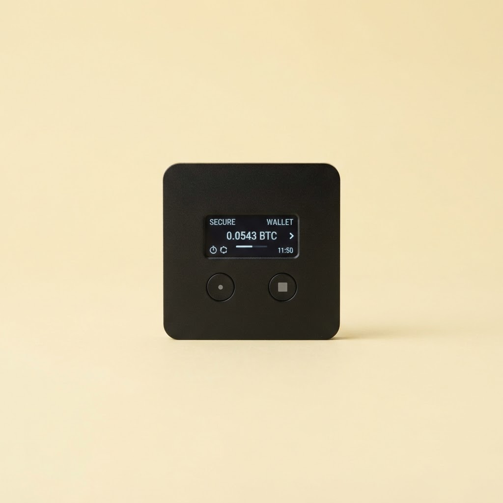 Compact touchscreen hardware wallet on a warm yellow backdrop