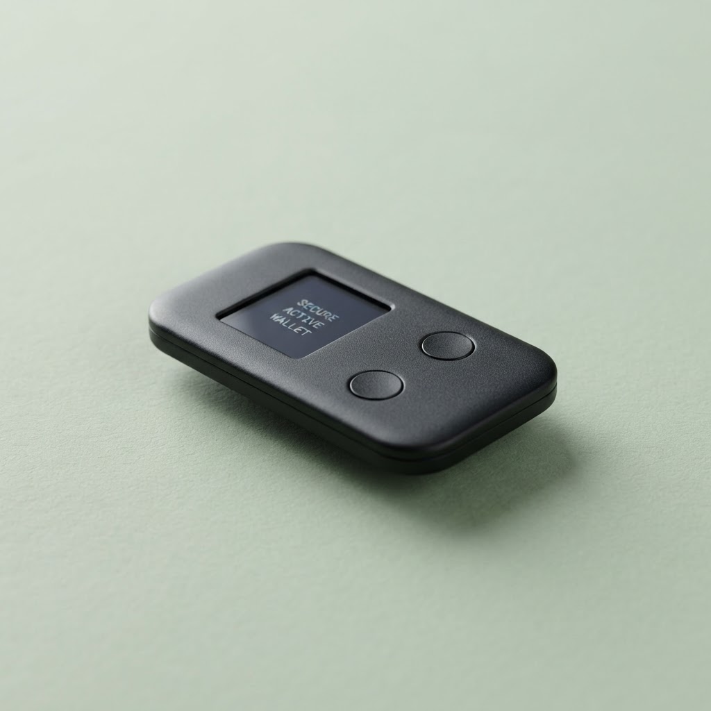 Slim compact hardware wallet shown on a soft sage backdrop