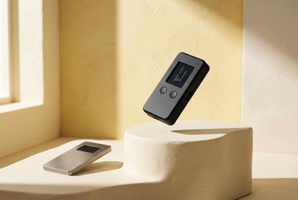 Trezor-style hardware wallets displayed on warm sculptural plinths