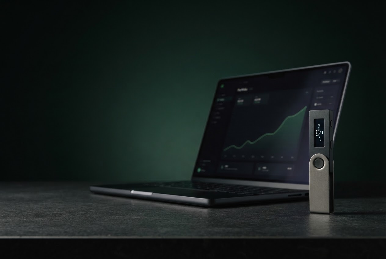 A compact hardware wallet beside a laptop displaying an abstract portfolio interface