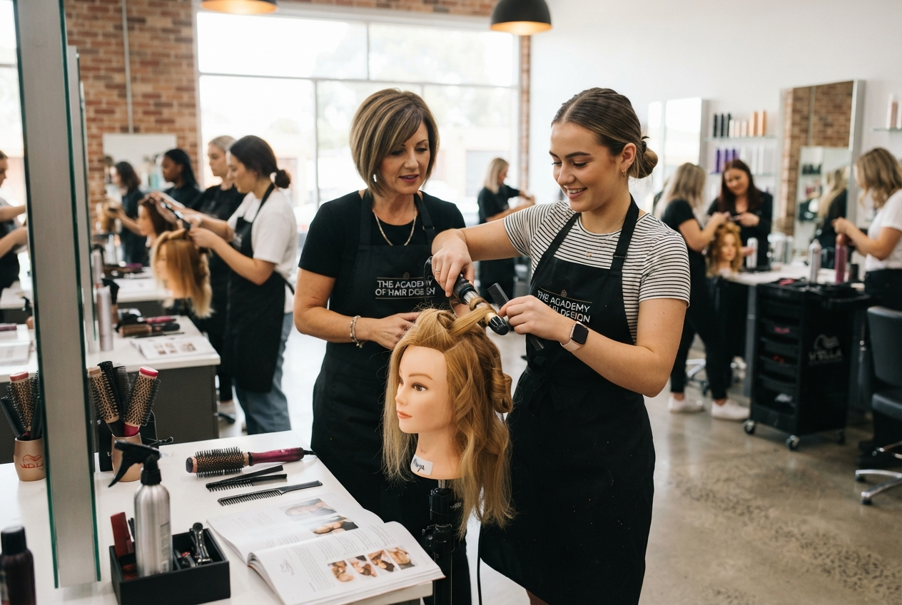Hairdressing student learning professional techniques in training academy