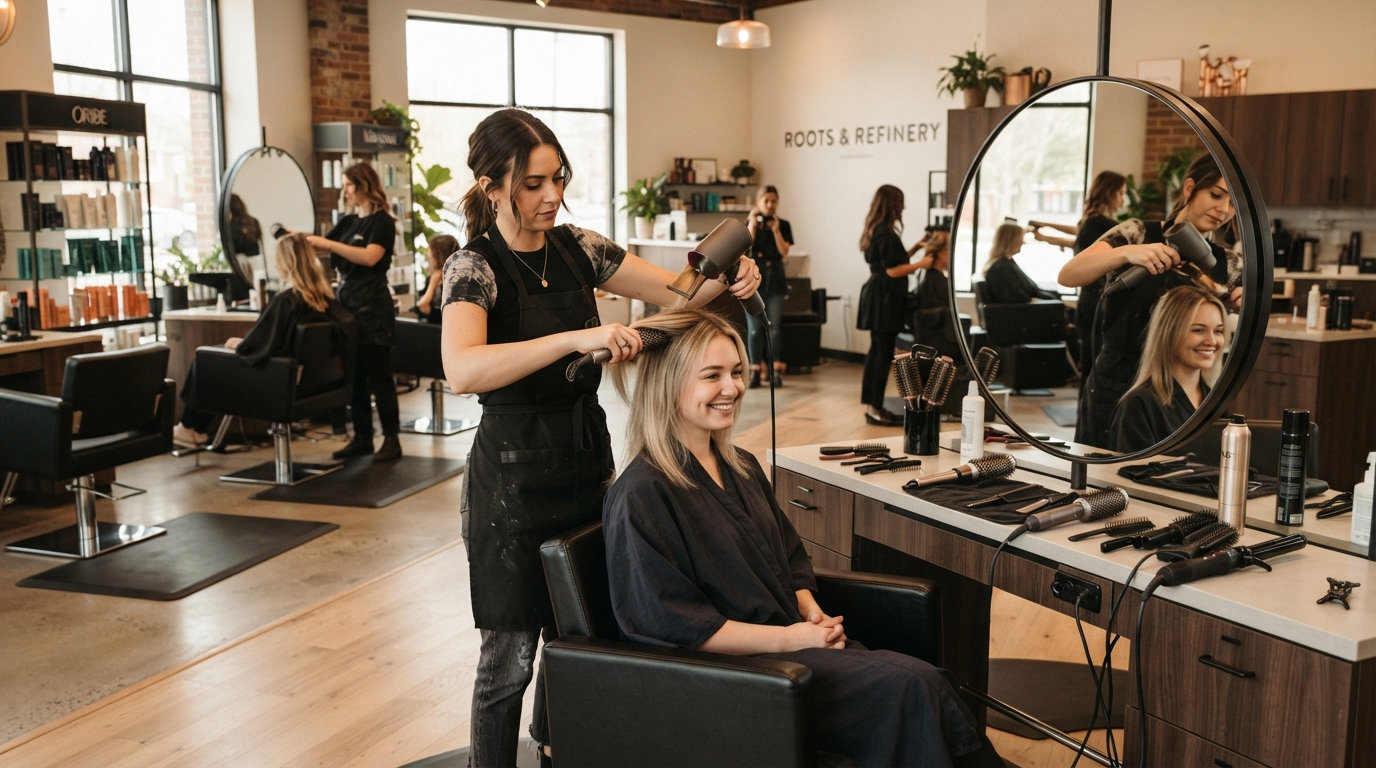 Professional hairdresser styling hair in modern salon