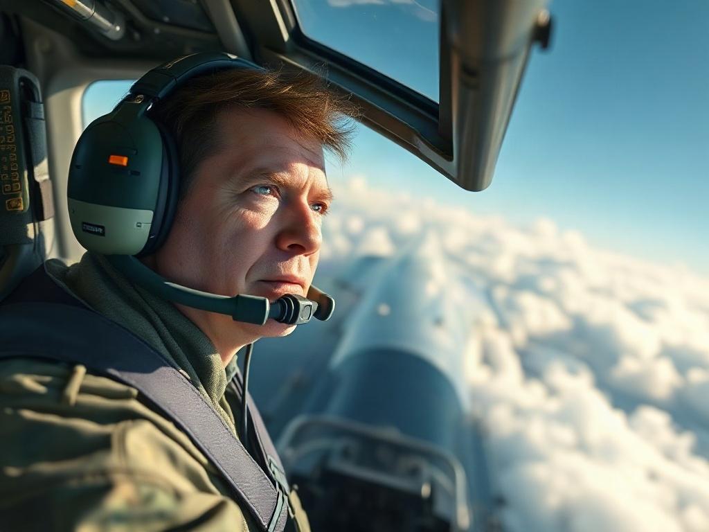 A close-up shot of a pilot in a cockpit of an SF-50 Vision Jet, with an emphasis on the advanced cockpit instruments and controls. The background features a clear sky and clouds, showcasing the jet in flight. The lighting is bright and focuses on the pilot's focused expression, capturing the essence of aviation training and certification. The image should be rendered in high-resolution with hyper-realistic detail.