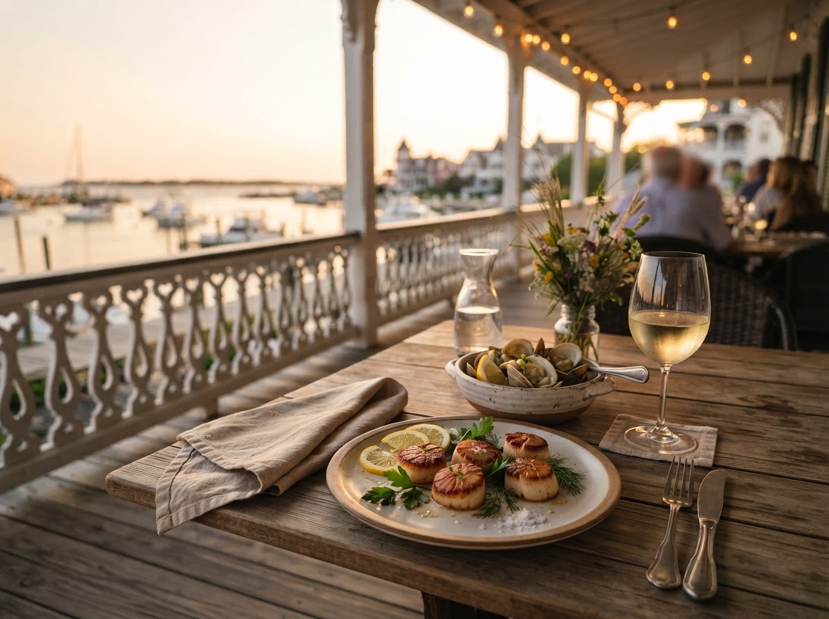 Fresh local seafood on a Cape May porch at sunset