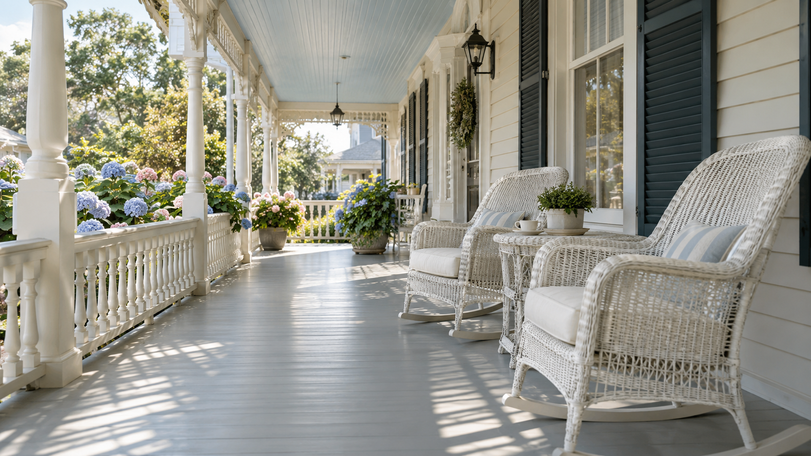 Heron House wraparound porch with white wicker rocking chairs and blue hydrangeas in late-morning light