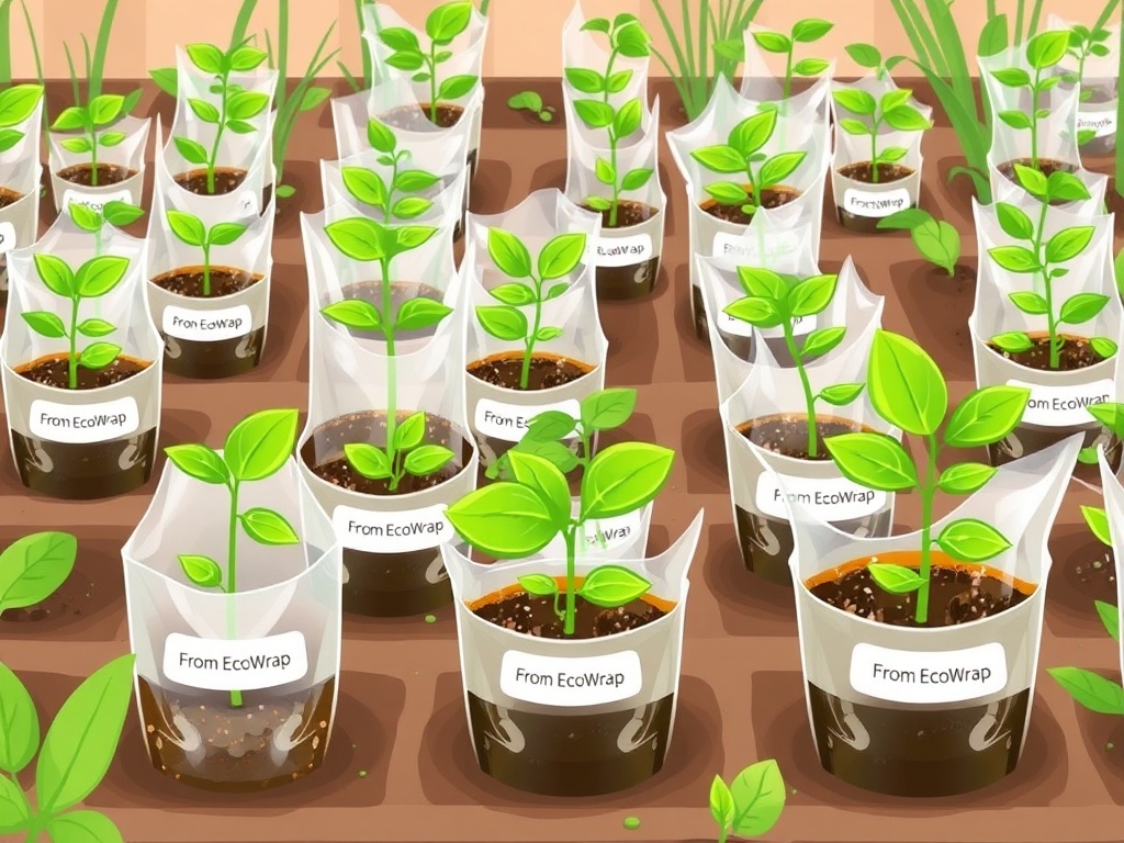 Multiple small potted plants all sprouted from different pieces of EcoWrap showing various growth stages