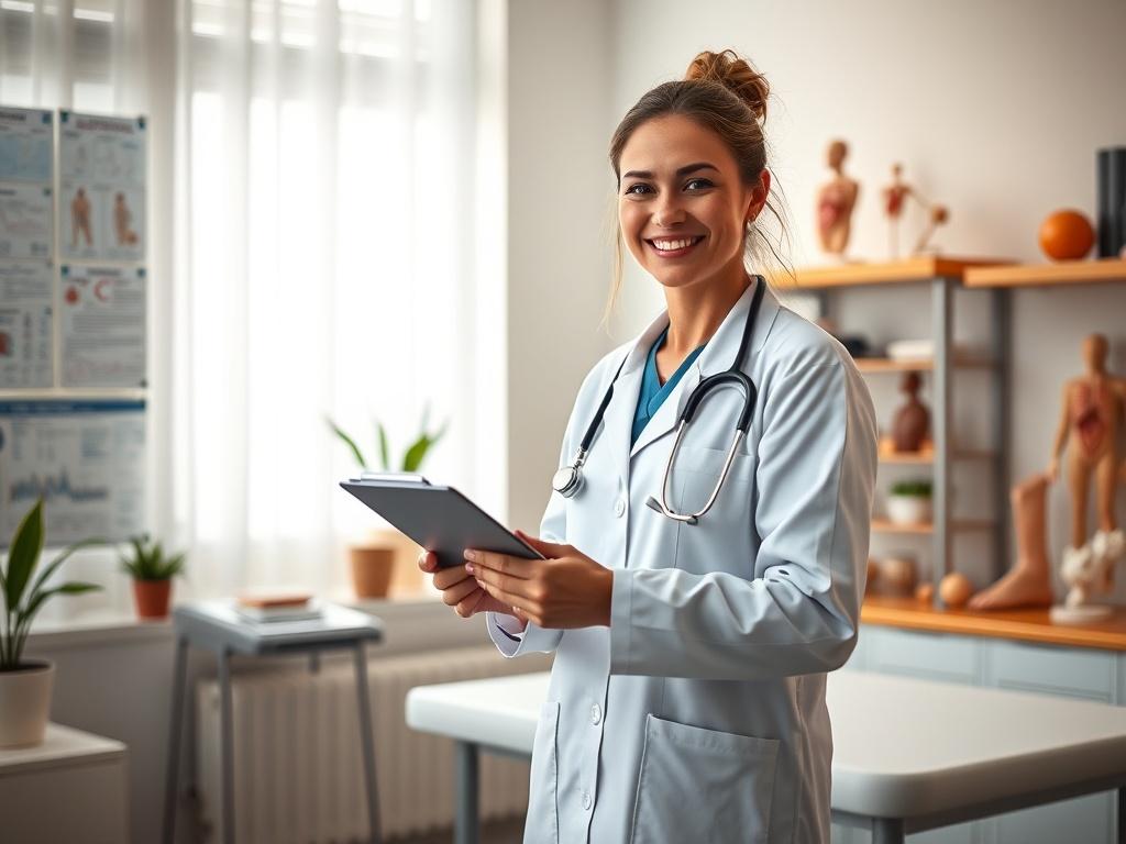 Create a highly realistic high-resolution image featuring a warm and inviting medical consultation room at Gascon Medical Center. The composition should be simple and clear, focusing on a single subject: a confident, friendly healthcare professional (a woman in a white lab coat with a stethoscope) standing beside a medical examination table, smiling as she gestures toward a clipboard. The background should include soft natural lighting filtering through the window, revealing elements such as medical charts,