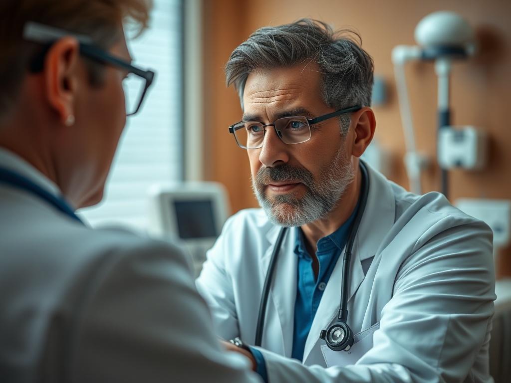 A medical professional conducting a health assessment on a patient in a clinical setting. The focus is on the doctor’s attentive expression while examining the patient, highlighting the interaction and care. The background should include medical equipment and a warm, inviting atmosphere.