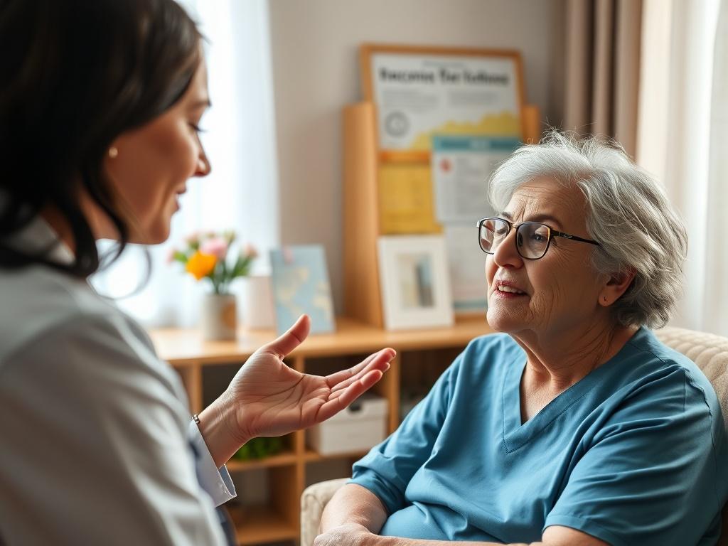 A nurse discussing chronic disease management with a patient in a cozy consultation room. The scene captures the nurse's caring demeanor and the patient’s engaged expression, with educational materials visible in the background.