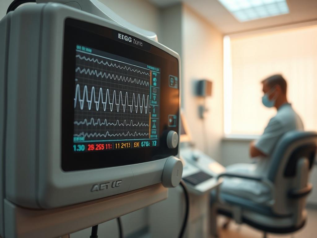 A close-up shot of an EKG machine displaying heart rhythm graphs, with a medical technician preparing the equipment in a clean, modern examination room. The background should be softly lit, highlighting the professionalism and care of the medical environment.