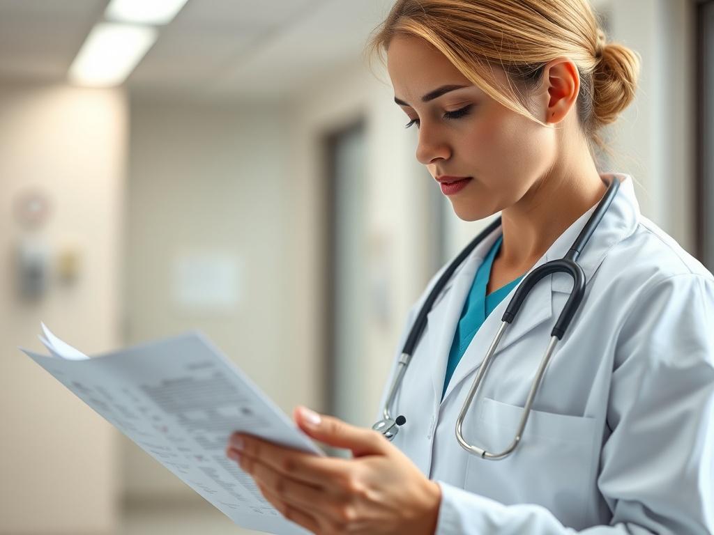 A close-up shot of a healthcare professional reviewing a patient's medical records in a clinical setting, with a stethoscope around their neck. The background should be softly blurred to emphasize the professional and caring atmosphere of a medical center.