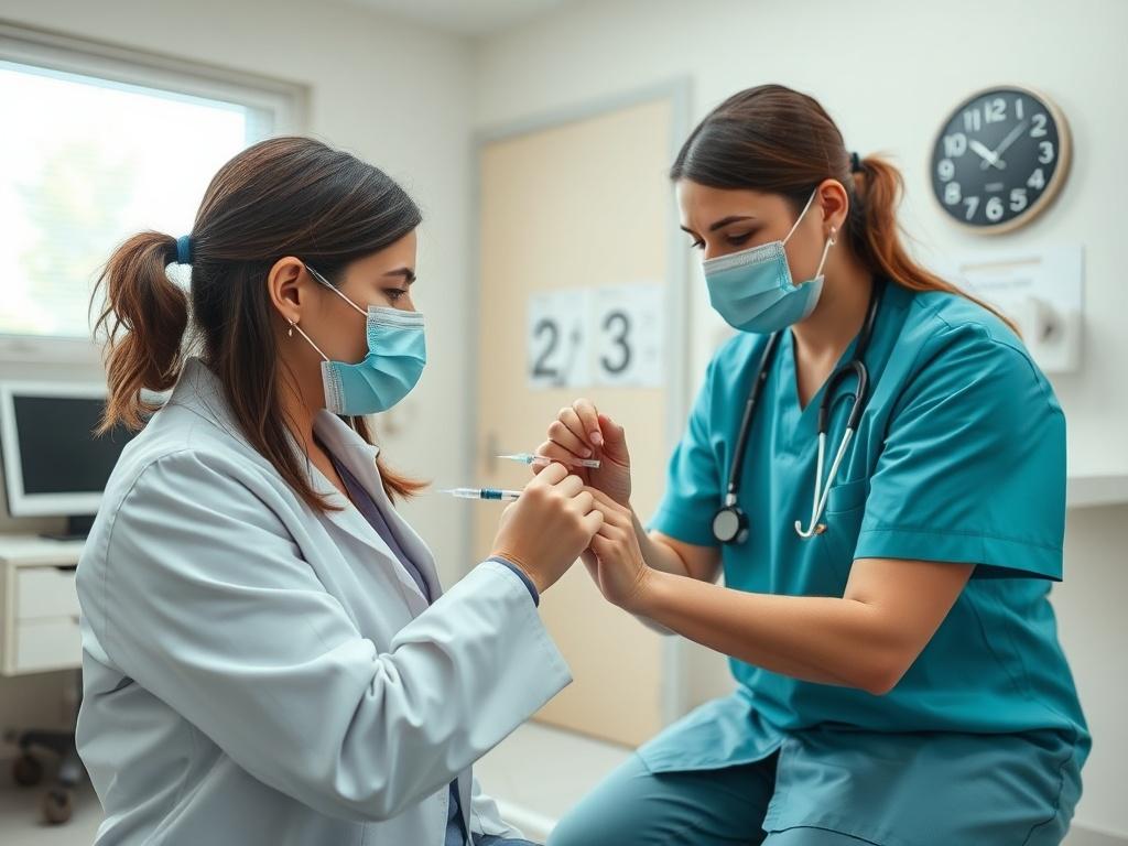 A healthcare professional demonstrating a vaccination procedure to a patient in a bright, welcoming examination room. The focus should be on the interaction between the patient and the healthcare provider, showcasing care and professionalism.