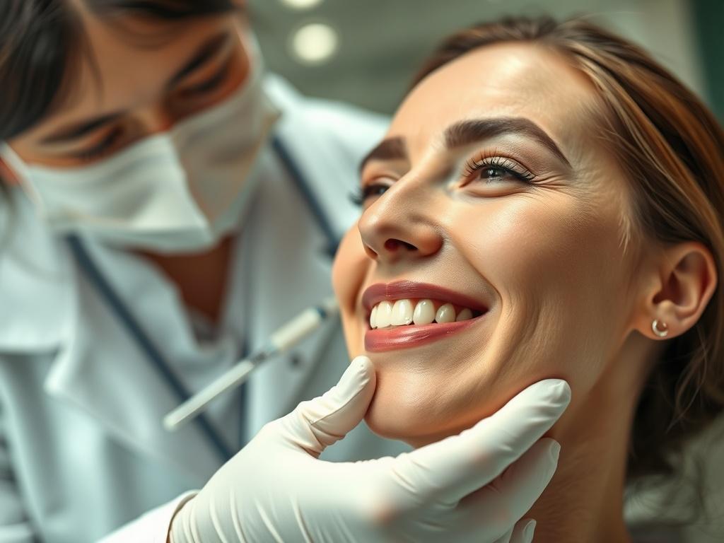 A close-up shot of a smiling patient receiving a facial filler injection at Gascon Medical Center. The practitioner, wearing a white coat and gloves, is gently administering the treatment in a well-lit, modern clinic setting. The background is soft-focused to emphasize the interaction between the patient and the practitioner, showcasing a professional and caring environment. The color scheme includes soft greens to reflect the primary color of the brand.