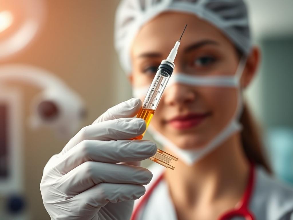 A close-up shot of a healthcare professional preparing PRP (Platelet-Rich Plasma) therapy. The focus is on the professional holding a syringe filled with golden plasma, with a blurred background of a clinical setting. The lighting is bright, emphasizing the clinical environment, while the colors are vibrant and warm, reflecting a sense of healing and rejuvenation.