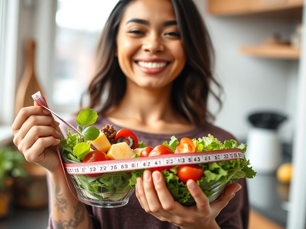 A close-up shot of a smiling person holding a fresh salad in one hand and a measuring tape in the other, symbolizing weight loss and healthy choices. The background should be a softly blurred kitchen setting with natural light coming through a window, enhancing the vibrant colors of the salad and the warmth of the scene. The focus should be on the person's joyful expression and the healthy food.