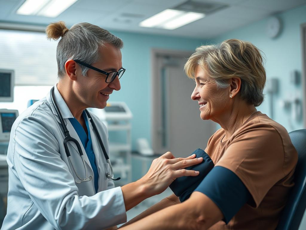 A close-up shot of a healthcare professional checking a patient's blood pressure in a well-lit clinic. The professional is focused on their work, showing compassion and care, while the patient looks relaxed. The background features medical equipment and a calm, inviting atmosphere, reflecting the importance of wellness in healthcare.