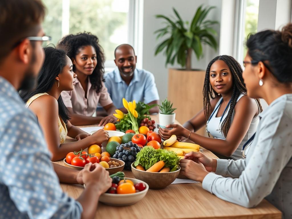 A close-up shot of a diverse group of individuals engaged in a nutrition workshop. They are seated around a table filled with colorful fruits and vegetables, with a dietitian presenting information. The setting is bright and inviting, showcasing a healthy lifestyle theme.