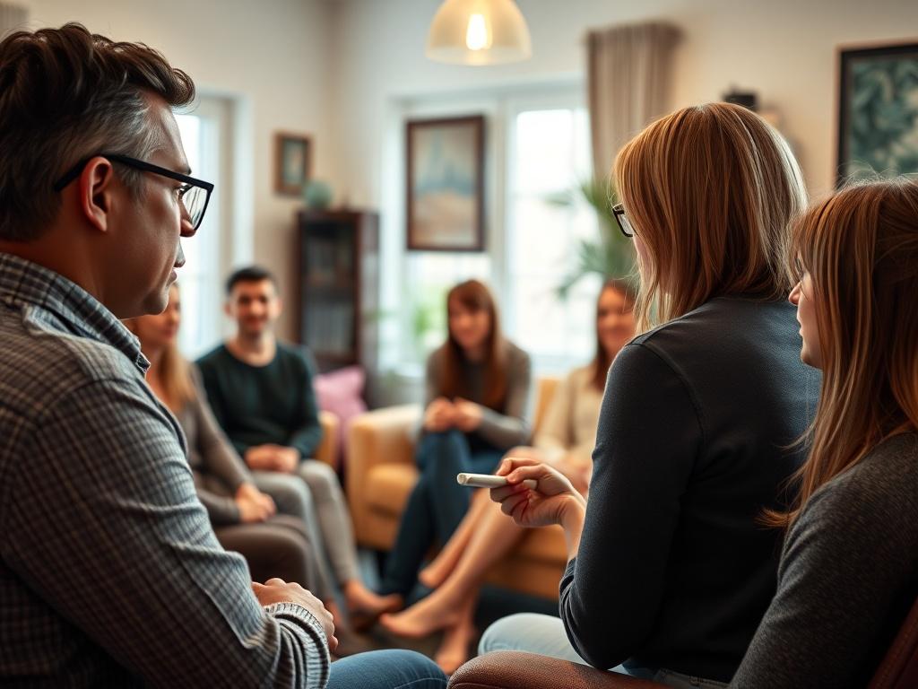 A close-up shot of a mental health professional speaking to a group of attentive participants in a cozy, well-lit room. The atmosphere feels supportive and encouraging, with soft colors and comfortable seating, creating a safe space for open dialogue.