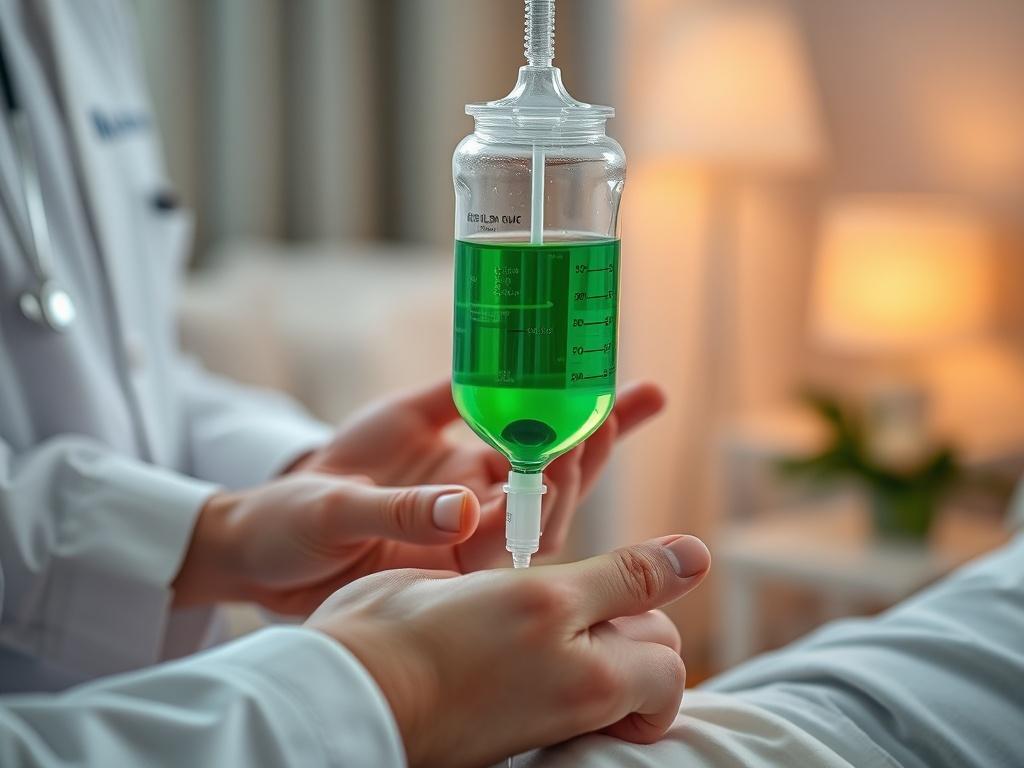 A close-up shot of a medical professional administering IV therapy to a patient in a comfortable and serene environment. The focus is on the IV bag filled with a vibrant green solution, symbolizing wellness, and the patient's hand with an IV needle. The background is softly blurred, creating a calming atmosphere with warm lighting. The image should reflect a clean and professional medical space, emphasizing care and recovery.
