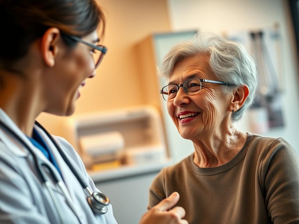 A close-up of a healthcare professional engaging with a patient, both smiling and discussing health concerns. The setting should be a warm and welcoming clinic environment, with medical tools subtly displayed in the background. The focus should be on the interaction, showcasing the professionalism and care provided by the staff. The image should embody the primary color rgb(50, 170, 39), emphasizing the friendly atmosphere of Gascon Medical Center.