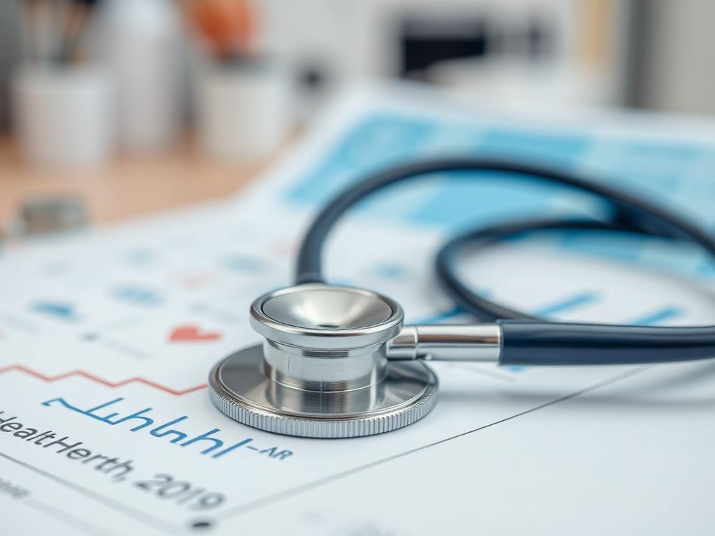 A close-up shot of a stethoscope resting on a medical chart, symbolizing healthcare and medical services. The chart should have visible markings indicating health metrics, presented in a professional and inviting setting. The background should feature soft-focus healthcare-related elements, maintaining a calm and reassuring atmosphere. The image should reflect a primary color of rgb(50, 170, 39) to align with the branding of Gascon Medical Center.
