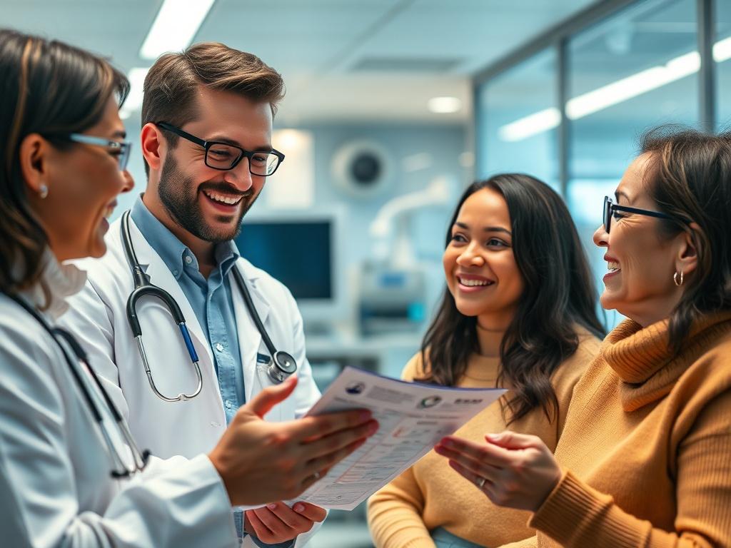 A close-up of a smiling healthcare provider discussing health plans with an engaged patient. The background should show a modern, well-equipped medical facility, with elements of advanced technology subtly integrated. The image should convey a sense of trust and professionalism, with a primary color focus of rgb(50, 170, 39) to align with Gascon Medical Center's branding.